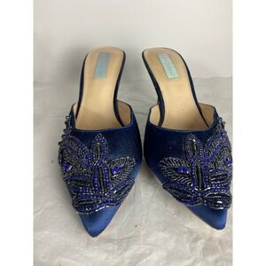 Betsey Johnson Blue Satin Embellished Pointed Toe Mules Heels Evening Party Sz 9